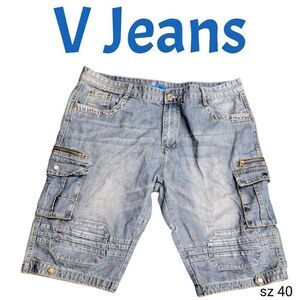 V Jeans Trendy Distressed Denim Cargo & Zip Pockets Blue Jean Shorts